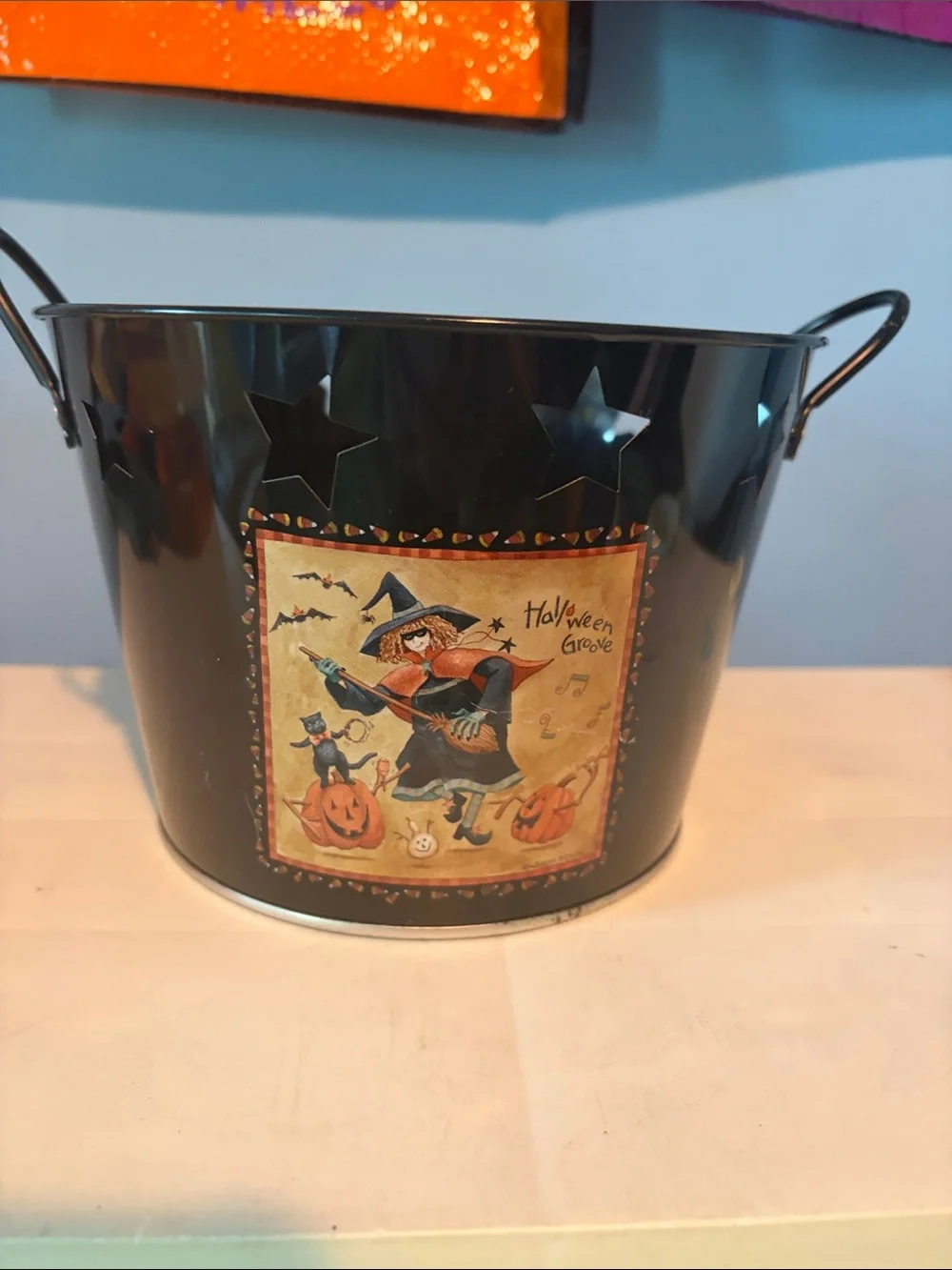 Vintage Halloween Witch Decorative Bucket with stars